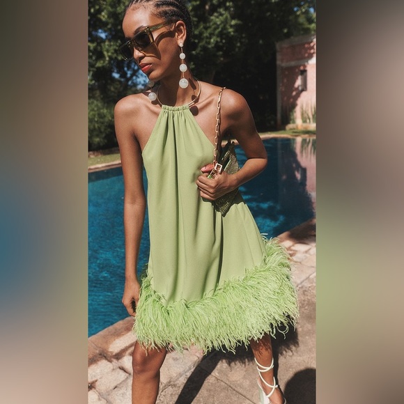 NWT Cult Gaia Reeves Feather Hem Dress in Mantis Green - Picture 3 of 11